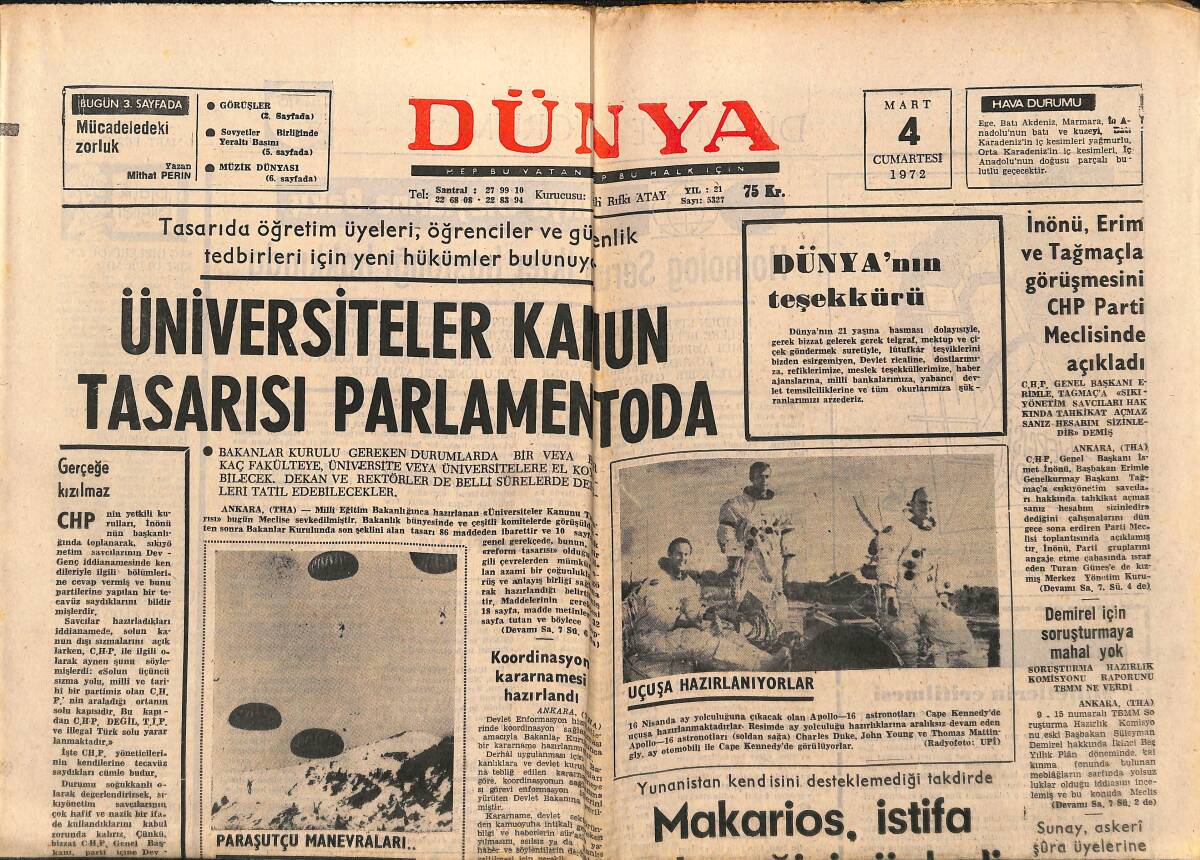 Dünya Gazetesi 4 Mart 1972 - Üniversiteler Kanun Tasarısı Parlamentoda - Timothy Olayının Yankıları GZ148288 - 1