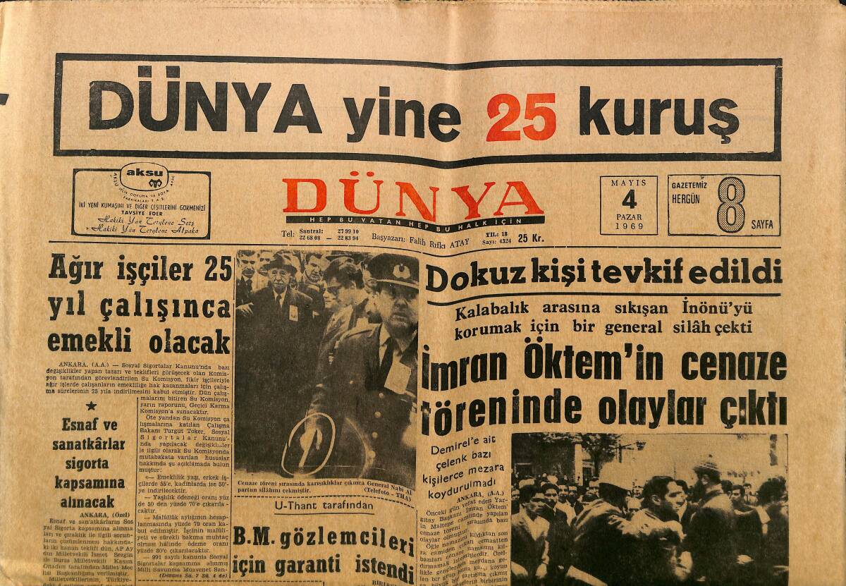 Dünya Gazetesi 4 Mayıs 1969 - İnönü'yü Korumak İçin General Silah Çekti, Çingene Kralı Patrac, Temel Reis Çizgi Roman GZ148166 - 1