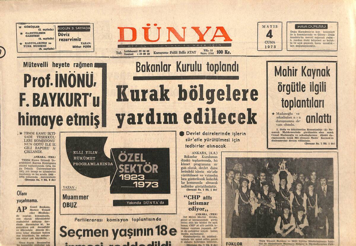 Dünya Gazetesi 4 Mayıs 1973 - Mahir Kaynak Örgütle İlgili Toplantıları Anlattı - Seçmen Yaşının 18'e İndirilmesi Reddedildi! GZ143215 - 1