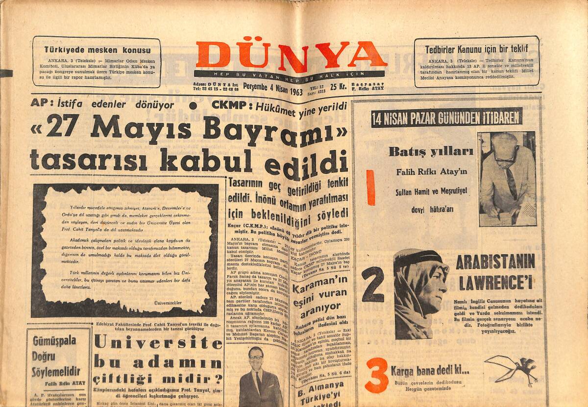Dünya Gazetesi 4 Nisan 1963 - Ağa Han'ın Eşi Begüm Han Şehrimize Geldi - Richard Burton Nihayet Eşinden Ayrılıyor GZ152528 - 1