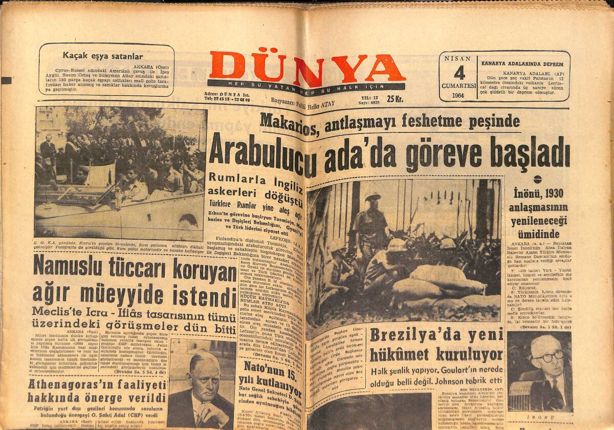 Dünya Gazetesi 4 Nisan 1964 - Brezilya'da Yeni Hükümet Kuruluyor - Fenerbahçe-Hacettepe - Clay, Mısır'a Hoca Olacak GZ151099 - 1