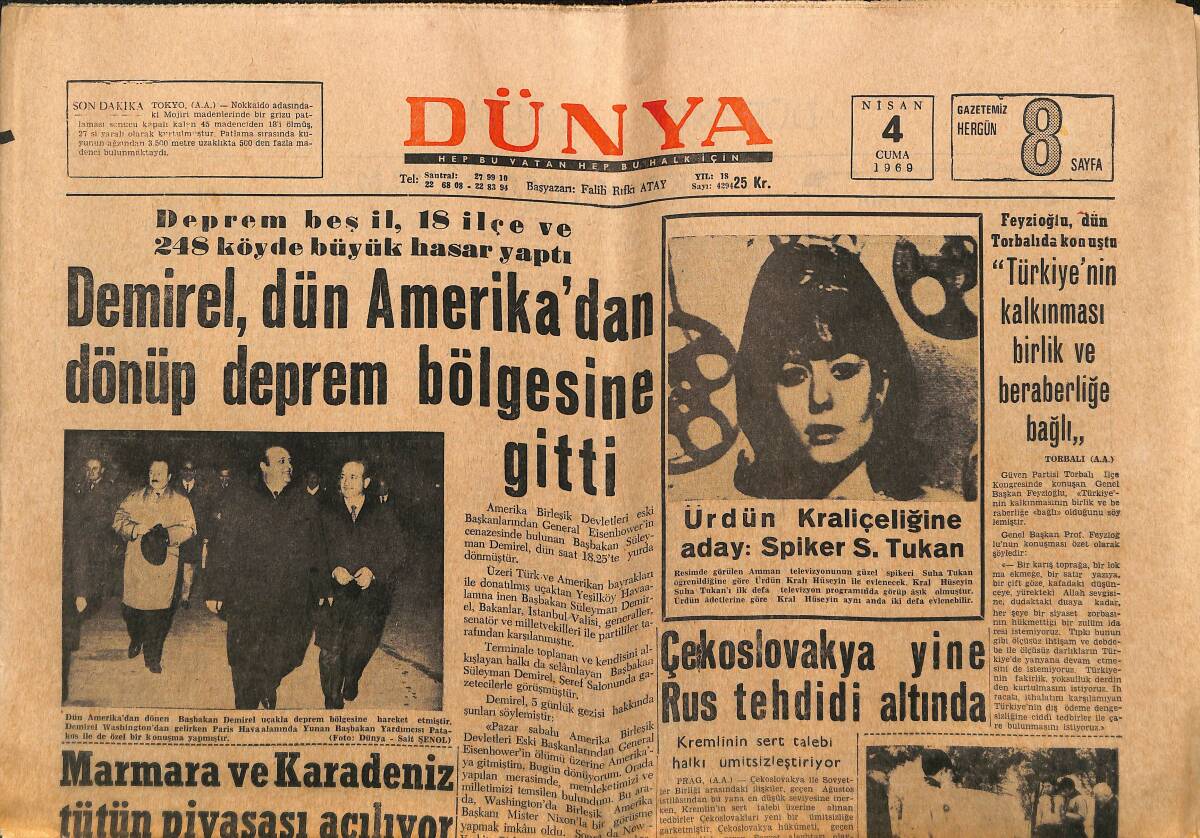 Dünya Gazetesi 4 Nisan 1969 - Demirel , Dün Amerika'dan Dönüp Deprem Bölgesine Gitti - Çekoslovakya Yine Rus Tehdidi Altında GZ149456 - 1