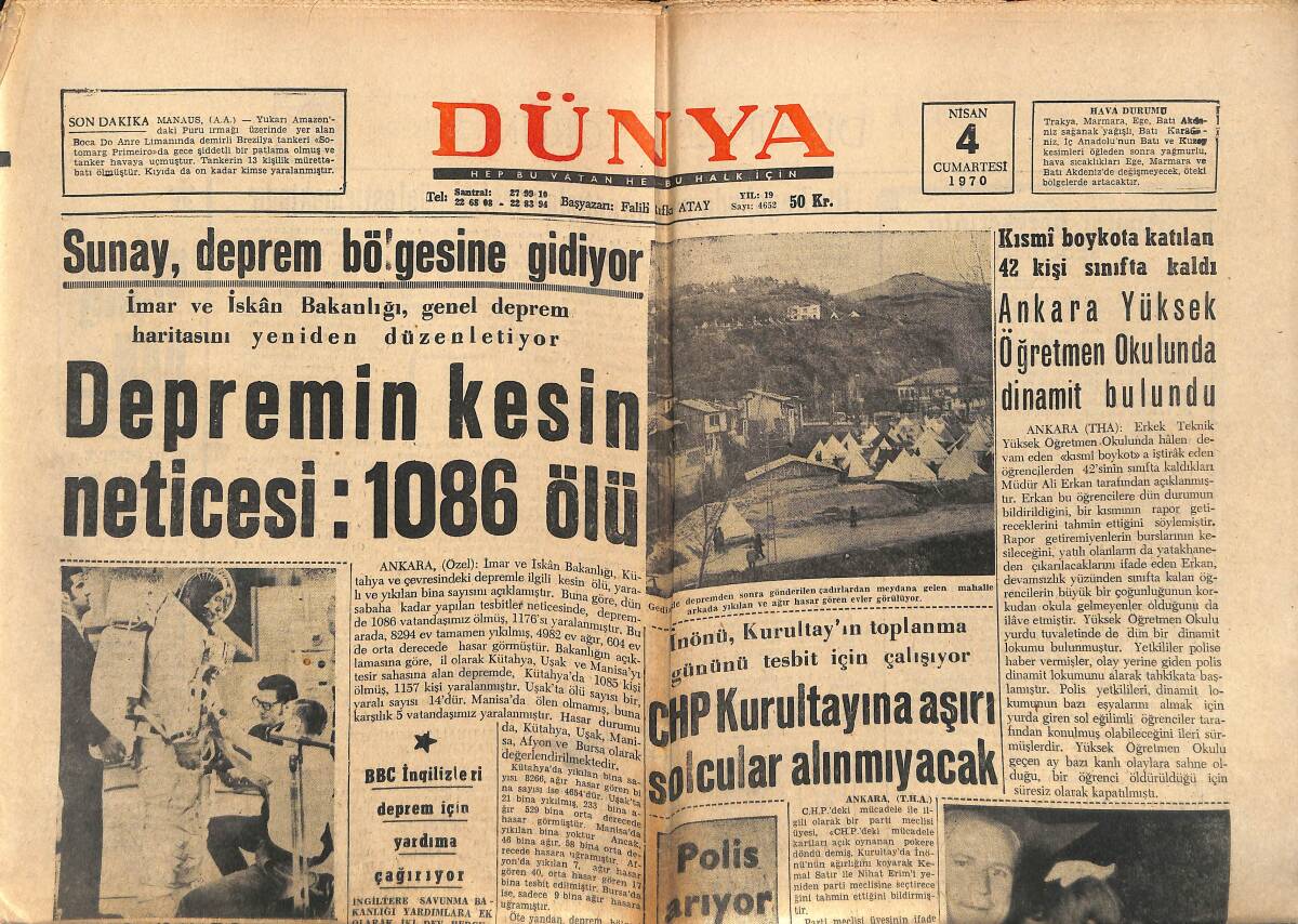 Dünya Gazetesi 4 Nisan 1970 - Apollo-13 Ay'a 11 Nisan'da Gidecek - John Lennon Kendini Dünya Barışına Adadı GZ150920 - 1