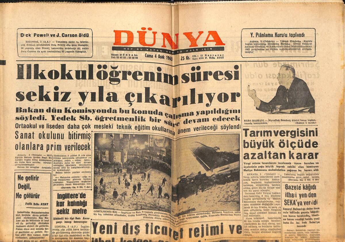 Dünya Gazetesi 4 Ocak 1963 - Kraliçe Farah Diba İkiz Bekliyor - CHP Teşkilatında Dün De Bazı İstifalar Oldu GZ151080 - 1
