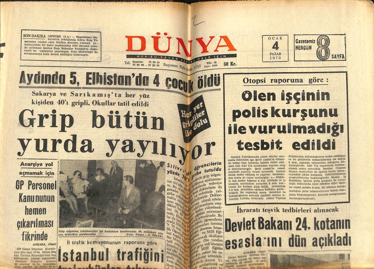 Dünya Gazetesi 4 Ocak 1970 - Grip Bütün Yurda Yayılıyor - Devlet Bakanı 24.Kotanın Esaslarını Dün Açıkladı GZ142927 - 1