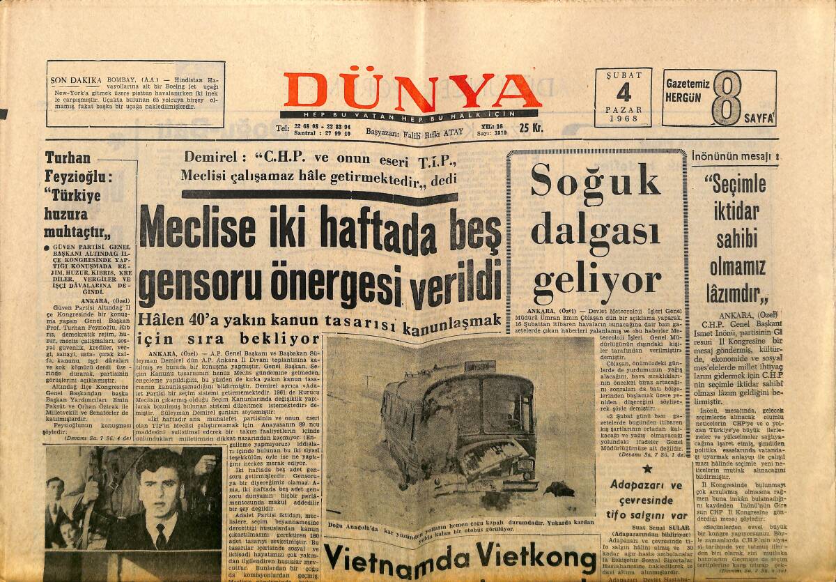 Dünya Gazetesi 4 Şubat 1968 - Vietnamda Vietkong Saldırısı Durmadı, Dr. Barnard, Vasfi Rıza Zobu, Catherine Rouvel GZ148144 - 1