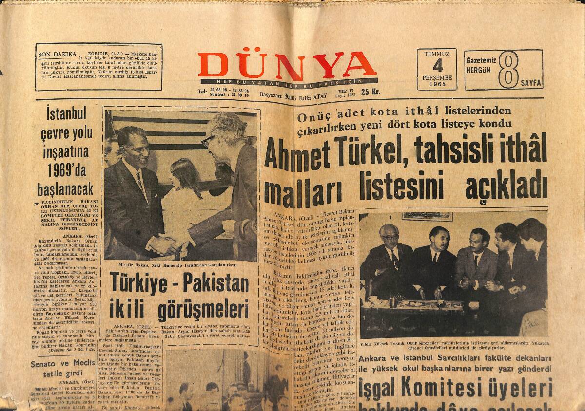 Dünya Gazetesi 4 Temmuz 1968 - Nihat Ve Varol Galatasaraylı Oldu - İstanbul Çevre Yolu İnşaatına 1969'da Başlanacak GZ151013 - 1