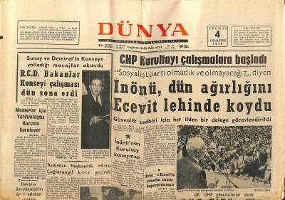 Dünya Gazetesi 4 Temmuz 1970 - İnönü, Dün Ağırlığını Ecevit Lehinde Koydu GZ66978 - 2