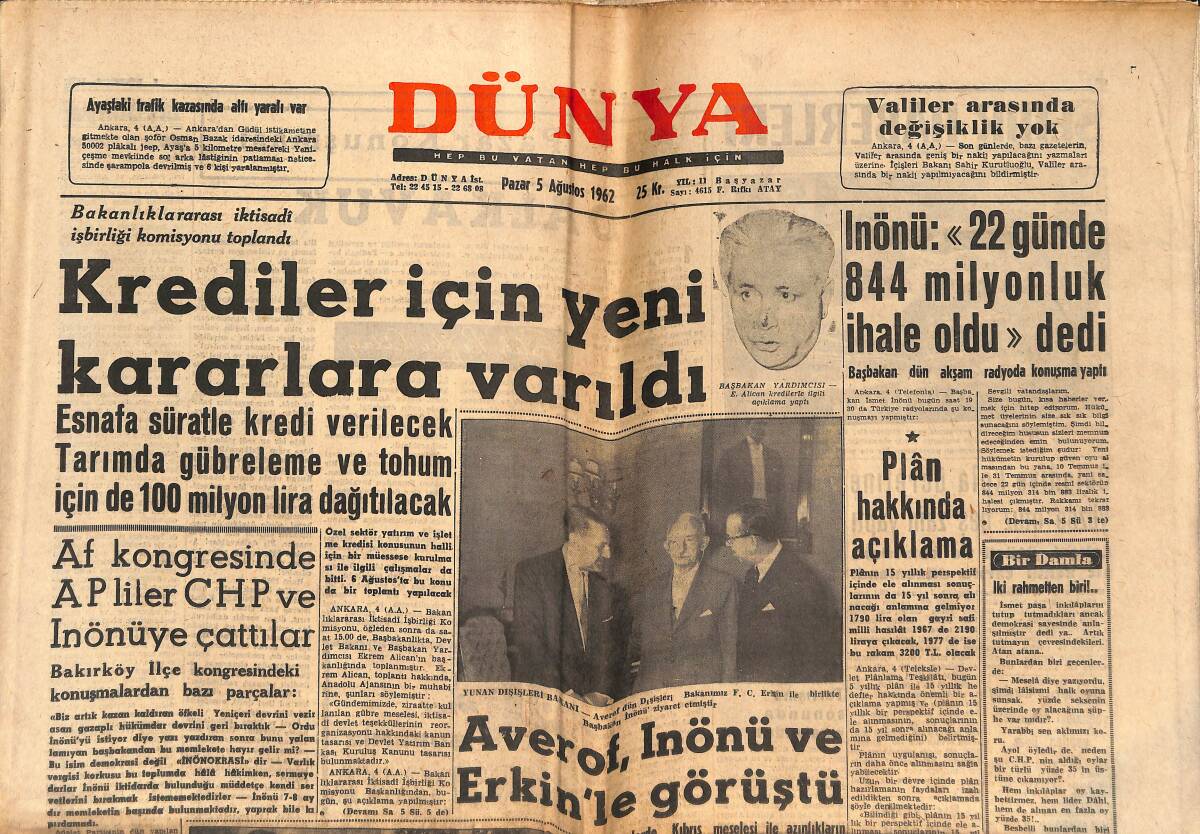 Dünya Gazetesi 5 Ağustos 1962 - Averof, İnönü Ve Erkin'le Görüştü - Jayne Mansfield Kocası Ve Aşığı Arasında GZ152534 - 1