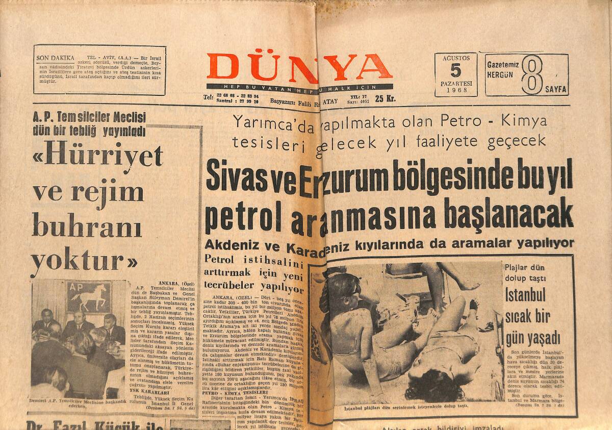 Dünya Gazetesi 5 Ağustos 1968 - Sophia Loren Bebek Bekliyor - Trabzon'daki Spor Tesisleri Bakımsız GZ152510 - 1