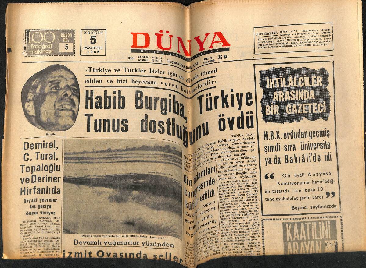 Dünya Gazetesi 5 Aralık 1966 - Habib Burgiba, Türkiye Tunus Dostluğunu Övdü - Basketbolda Finali Çeklerle Oynuyoruz! GZ146012 - 1