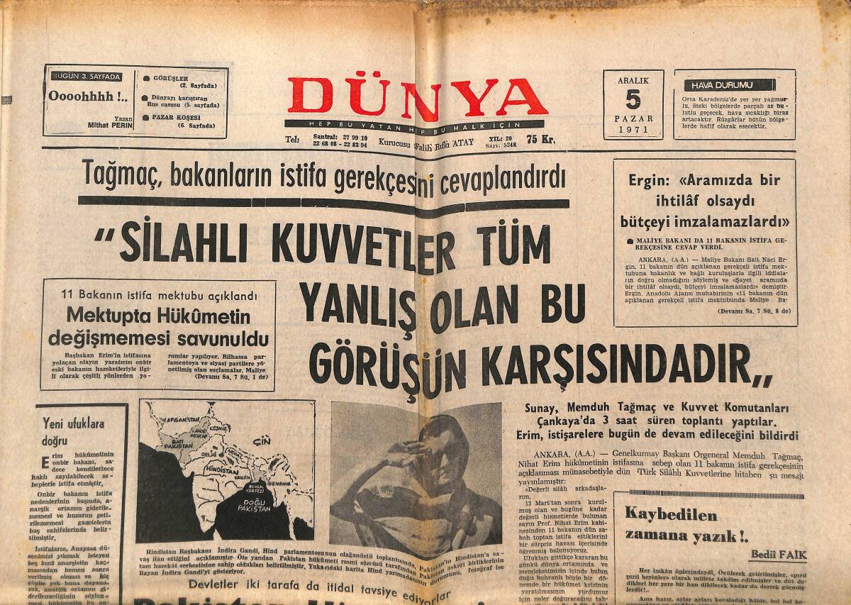 Dünya Gazetesi 5 Aralık 1971 - Pakistan, Hindistan'a Karşı Savaş İlan Etti - Orta Doğu Barışı İçin Çalışılıyor GZ148209 - 1