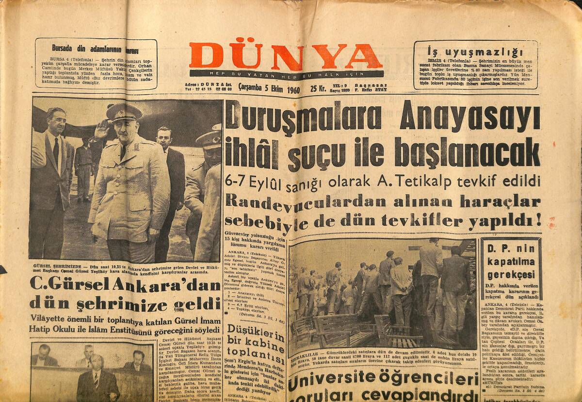 Dünya Gazetesi 5 Ekim 1960 - C. Gürsel Ankara'dan Dün Şehrimize Geldi - Tekel İnşaatlarında Yolsuzluklar Var ! GZ148088 - 1