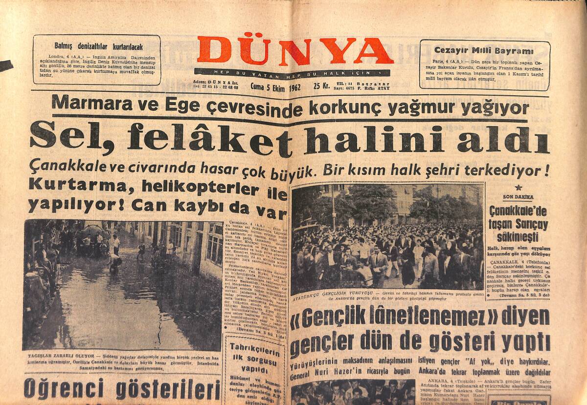 Dünya Gazetesi 5 Ekim 1962 - Fransa'da Referandum Yapılacak - Çanakkale'de Taşan Sarıçay Sakinleşti GZ149598 - 1