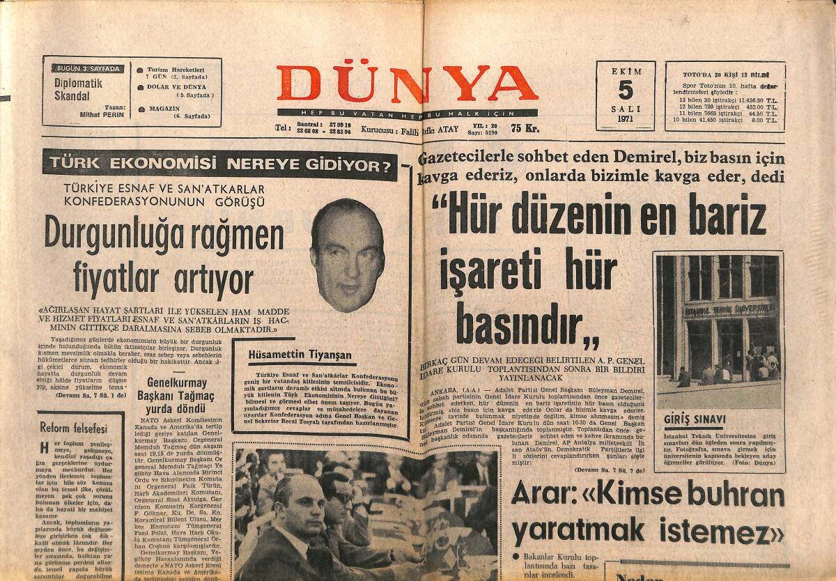 Dünya Gazetesi 5 Ekim 1971 - Kıbrıs Türk Birliği - Süreyya Nihayet Mutlu Olacak Mı? - Ağa Han'ın Kız Kardeşi Yasemin, Piacentini İle Evleniyor GZ149320 - 1
