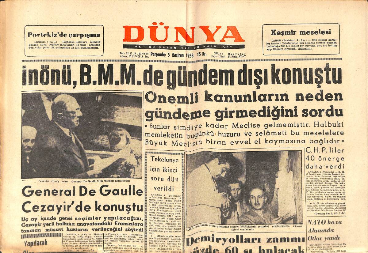 Dünya Gazetesi 5 Haziran 1958 - Menderes'e 10 Denizin Suları Verilecek - Suudi Arabistan Devrim Yapacak GZ150414 - 1
