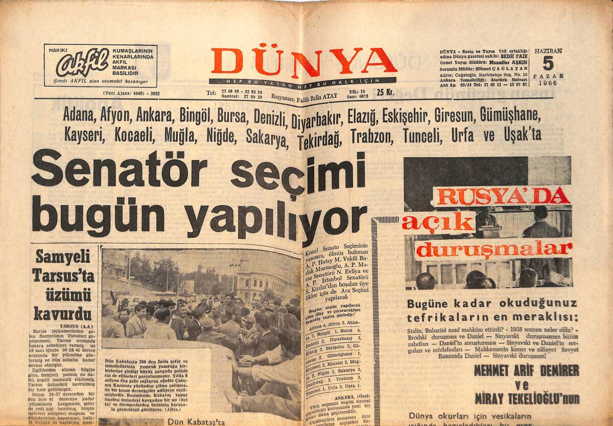 Dünya Gazetesi 5 Haziran 1966 - Senatör Seçimi Bugün Yapılıyor - Samyeli Tarsus'ta Üzümü Kavurdu GZ151312 - 1