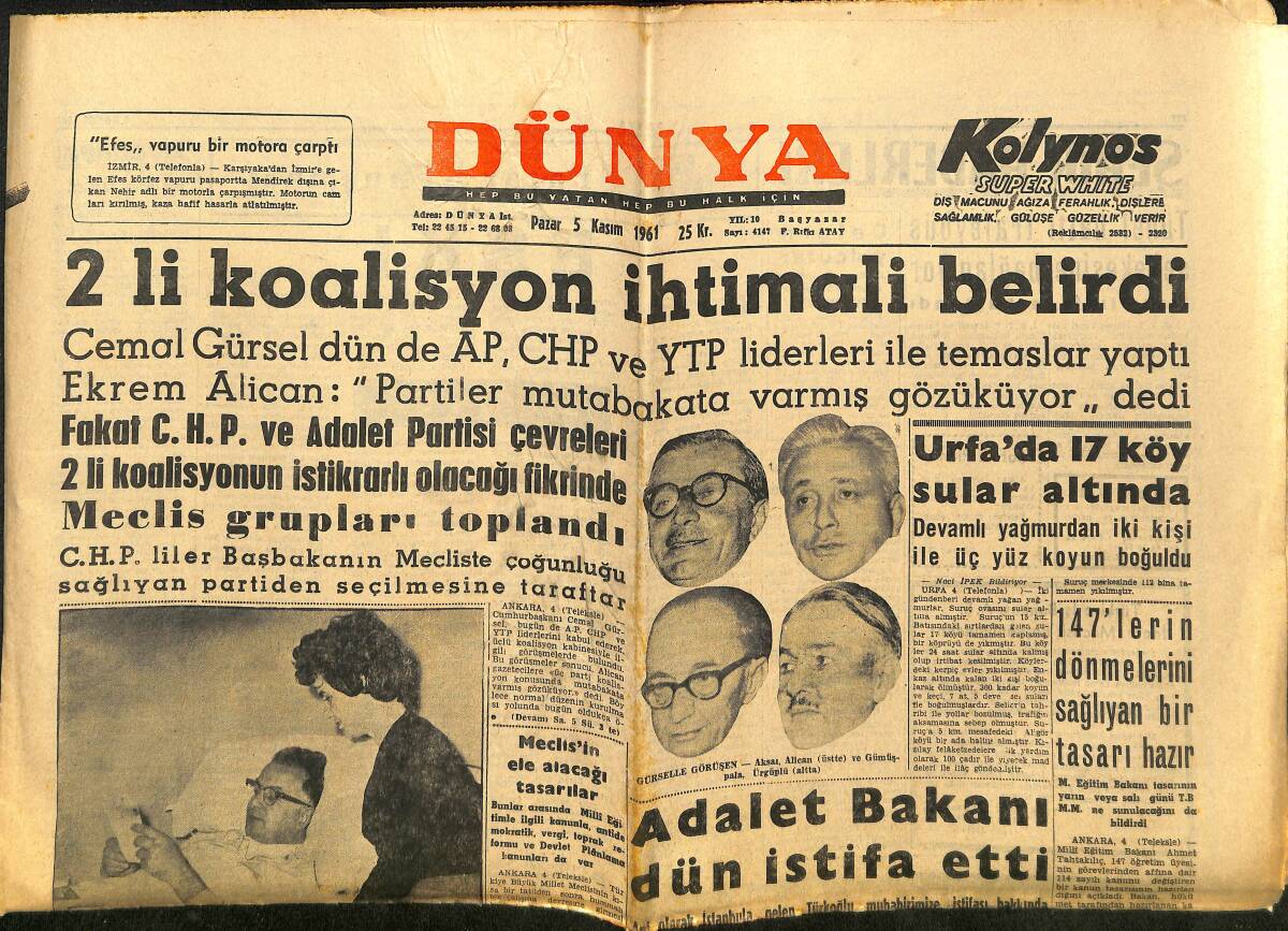 Dünya Gazetesi 5 Kasım 1961 - Papa Efes'i Dini Ziyaretgâh Olarak İlan Etti GZ148117 - 1