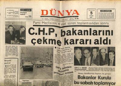 Dünya Gazetesi 5 Kasım 1972 - CHP Bakanlarını Çekme Kararı Aldı GZ68231 - 2
