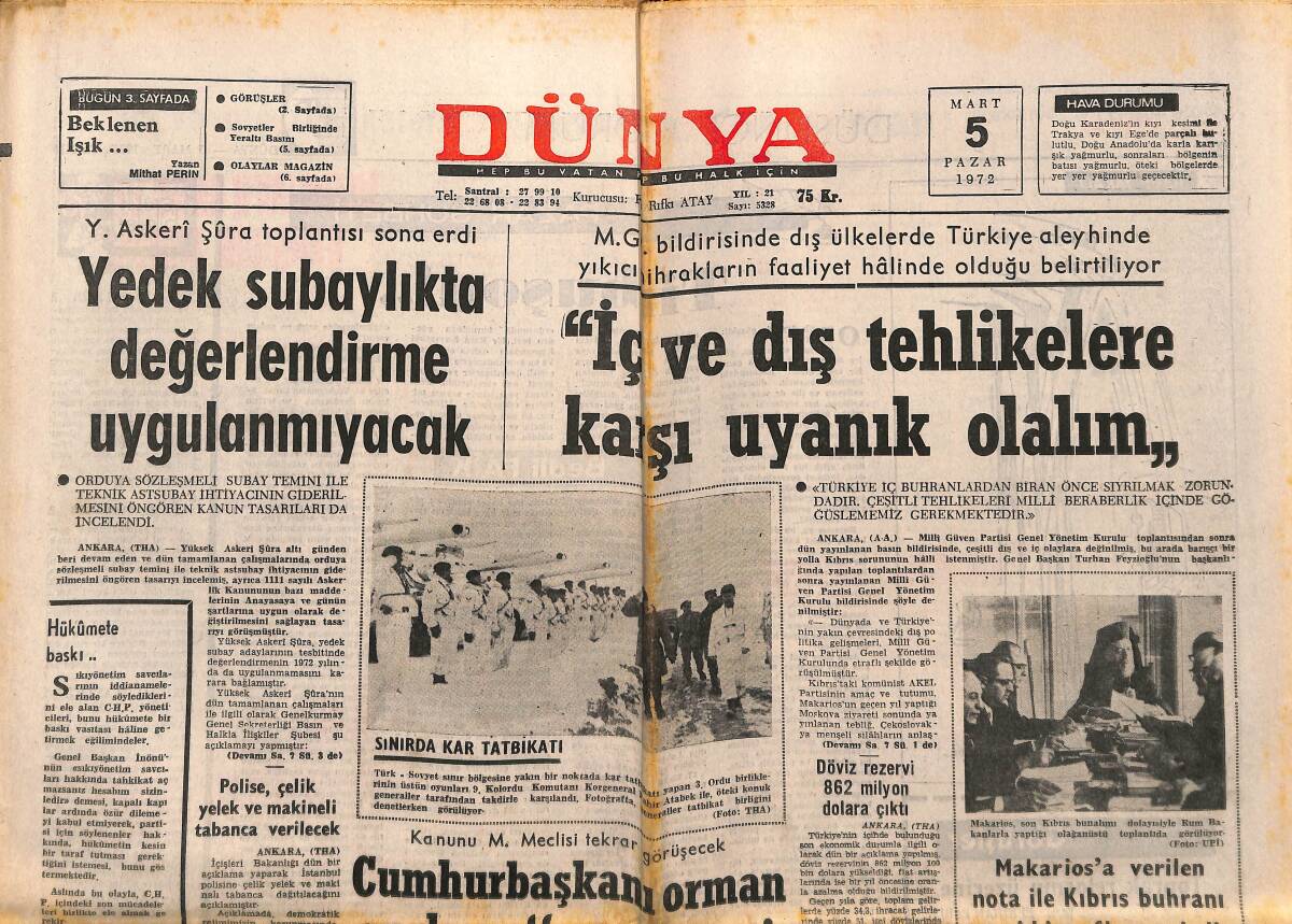 Dünya Gazetesi 5 Mart 1972 - Amerika Yunanistan'a Phantom Uçakları Satmak İstiyor - Yedek Subaylıkta Değerlendirme Uygulanmayacak GZ148287 - 1