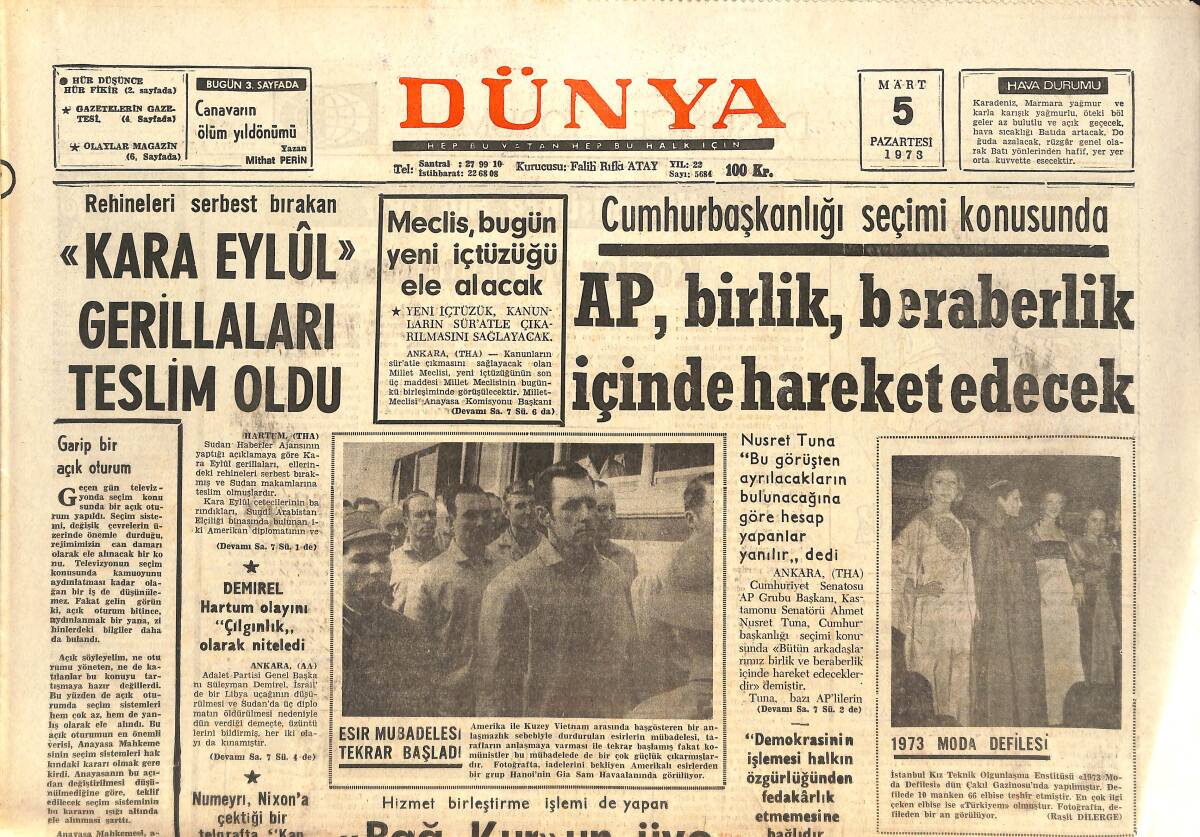 Dünya Gazetesi 5 Mart 1973 - Lider Galatasaray Beşiktaş'ı 3-0 Yendi - İstanbul Oda Orkestrası Konseri GZ142801 - 1