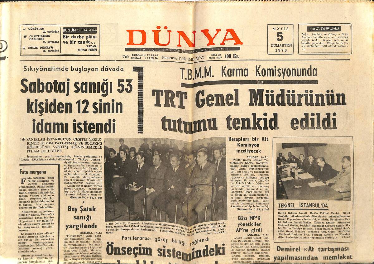 Dünya Gazetesi 5 Mayıs 1973 - TRT Genel Müdürünün Tutumu Tenkid Edildi - Tekinel İstanbul'da GZ148132 - 1