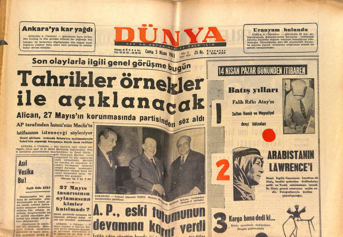 Dünya Gazetesi 5 Nisan 1963 - Başkan Kennedy'nin Hesaplı Ve Kurnazca Bir Teklifi - Churchill'in Hayatı Filme Alınıyor GZ152526 - 1