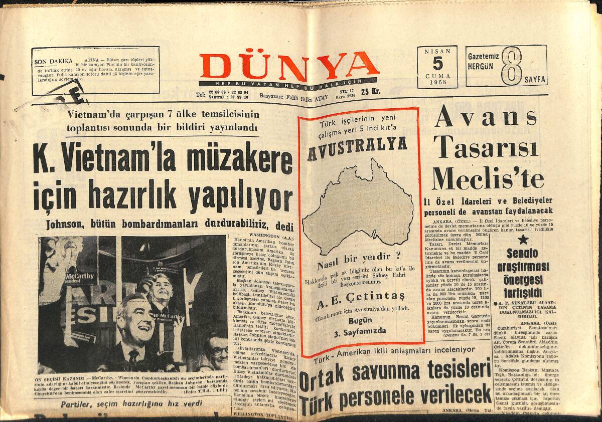 Dünya Gazetesi 5 Nisan 1968 - Galatasaray Takım Kurma Güçlüğünde - Kuzey Vietnam'la Müzakere İçin Hazırlık Yapılıyor GZ152185 - 1