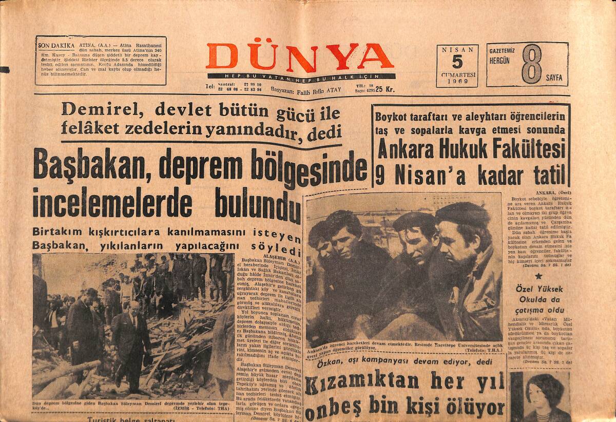 Dünya Gazetesi 5 Nisan 1969 - Şikago'da Büyük Hadiseler Çıktı - Kızamıktan Her Yıl 15 Kişi Ölüyor GZ149575 - 1