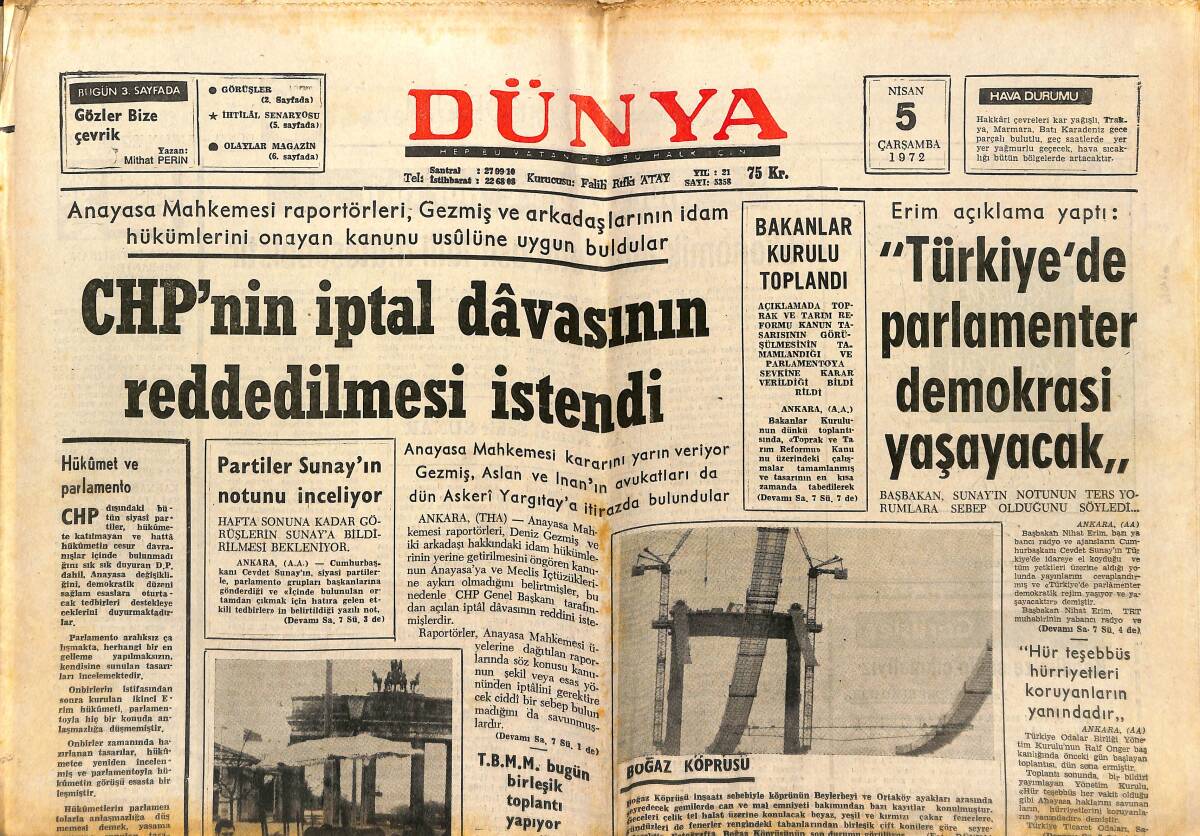 Dünya Gazetesi 5 Nisan 1972 - Beşiktaş Ve Galatasaray Büyük Maça Hazırlanıyor - İndira Gandi, Bundo'dan Samimi Olmasını İstedi GZ147919 - 1