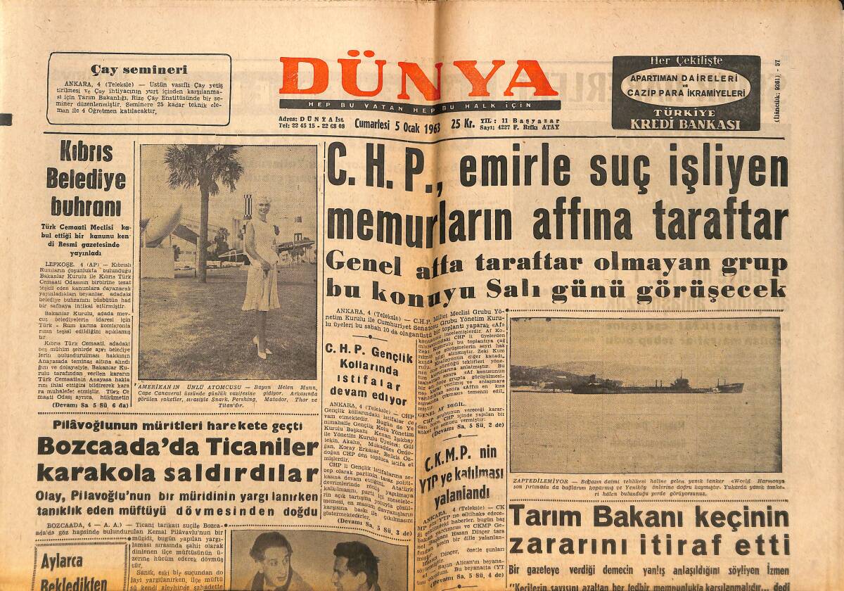 Dünya Gazetesi 5 Ocak 1963 - Doç. Adnan Benk Ve İ. Afşar Tevkif Edildi - Diploma Yolsuzluğu GZ150525 - 1