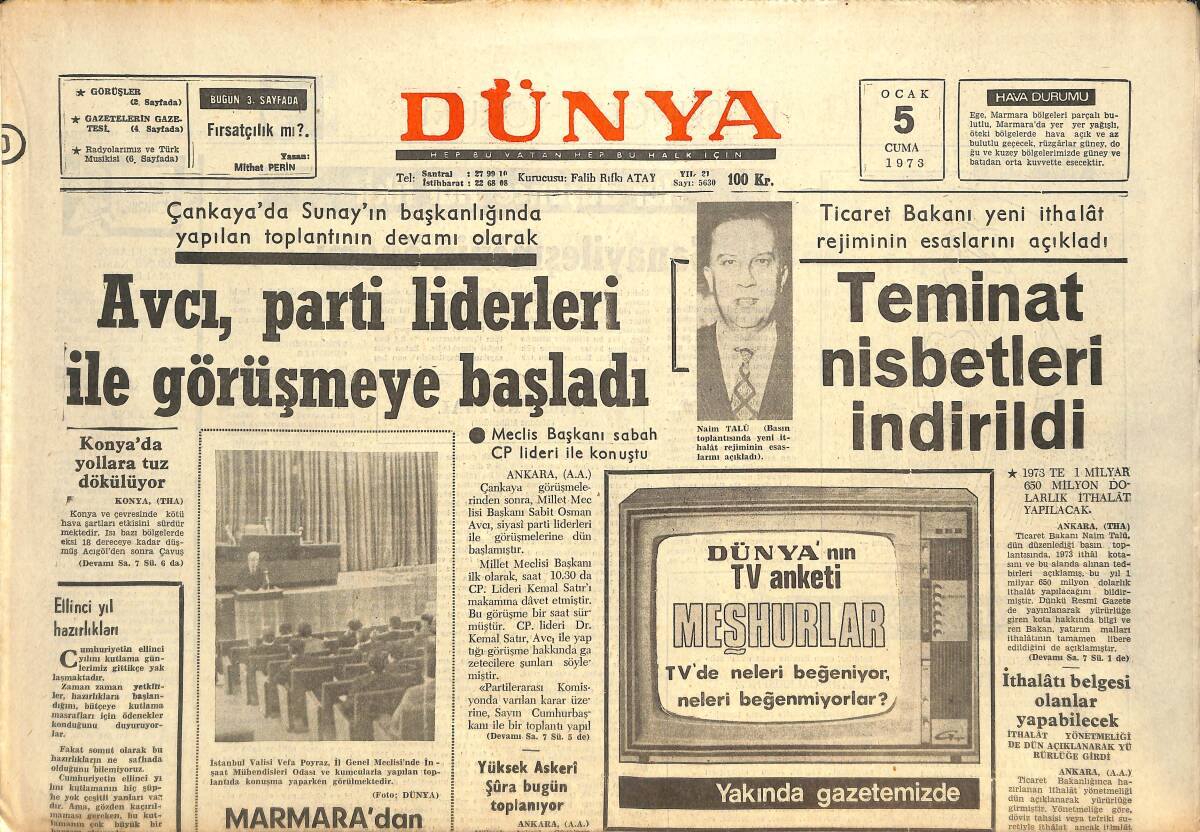 Dünya Gazetesi 5 Ocak 1973 - Güneydoğu'da Kuraklık Devam Ediyor - Marmara'dan Kum Çıkarılması Yasak Ediliyor GZ143454 - 1