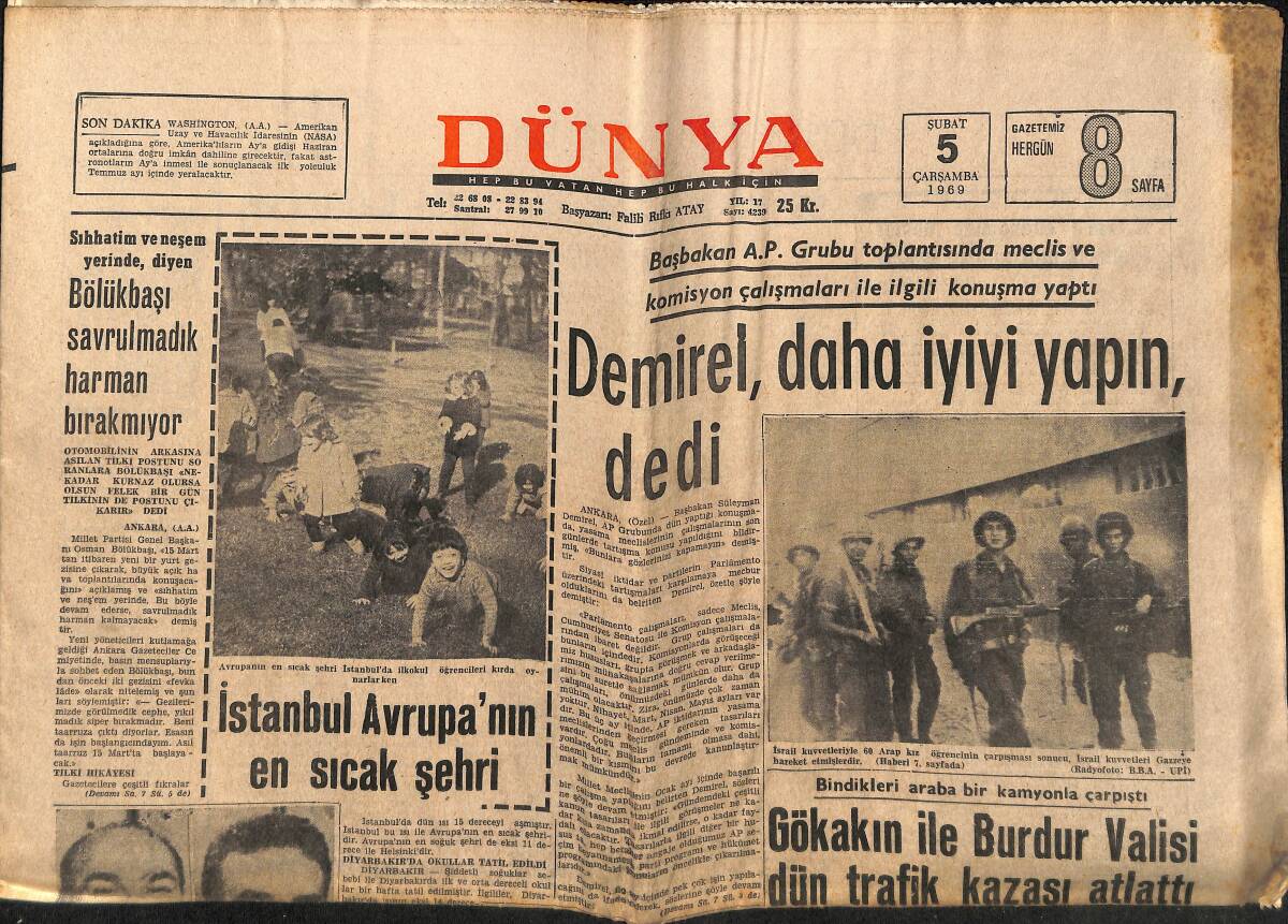 Dünya Gazetesi 5 Şubat 1969 - İstanbul Avrupa'nın En Sıcak Şehri - Andor Foldes Konser Gelirini Kızılaya Veriyor GZ148193 - 1