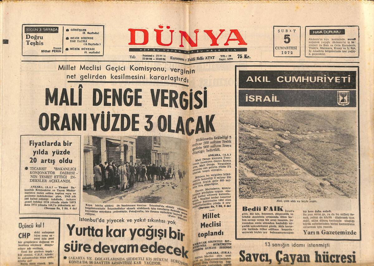 Dünya Gazetesi 5 Şubat 1972 - Başkan Nixon Türkiye'ye Teşekkür Etti - Kamuran Akkor Rekorlarını Saydı GZ152179 - 1
