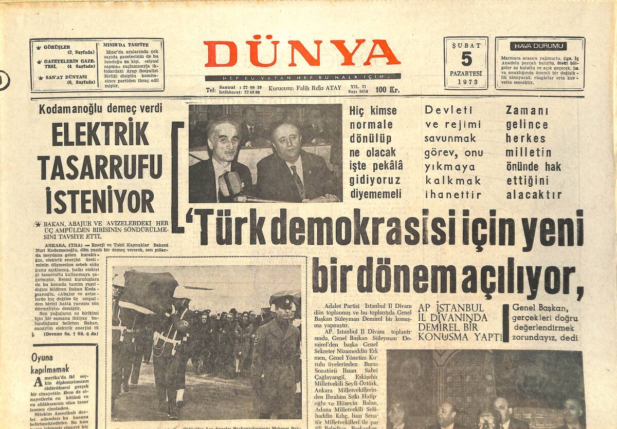Dünya Gazetesi 5 Şubat 1973 - Galatasaray Tek Puanla Dönüyor - Kral Hüseyin Gerillaların Dönmelerine İzin Vermiyor GZ143154 - 1