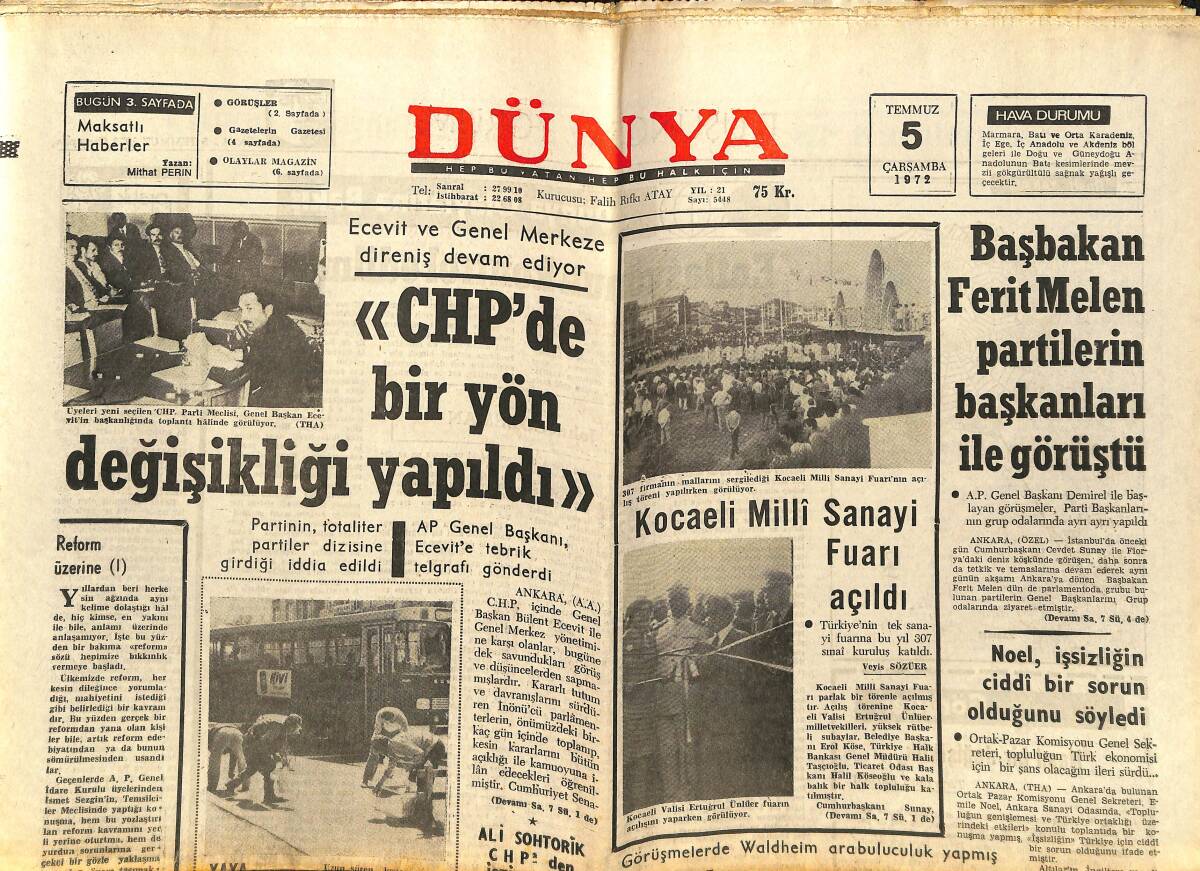 Dünya Gazetesi 5 Temmuz 1972 - Londra'da Kossigin'in Telefonları Dinlenmiş - Celal Kamacı Dünya Klasmanı Listesine Girdi GZ147970 - 1
