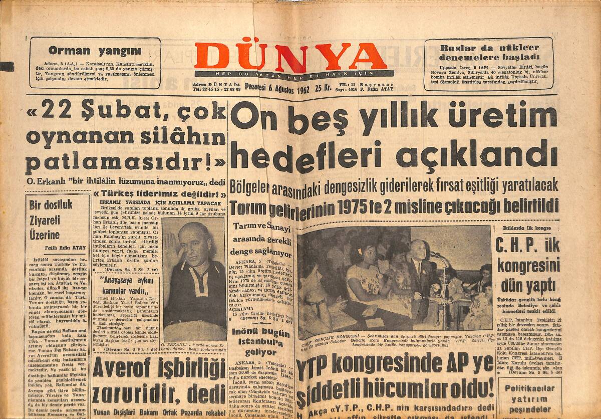 Dünya Gazetesi 6 Ağustos 1962 - Ünlü Yıldız Marilyn Monroe da Dün Öldü - 15 Yıllık Üretim Hedefleri Açıklandı GZ152458 - 1