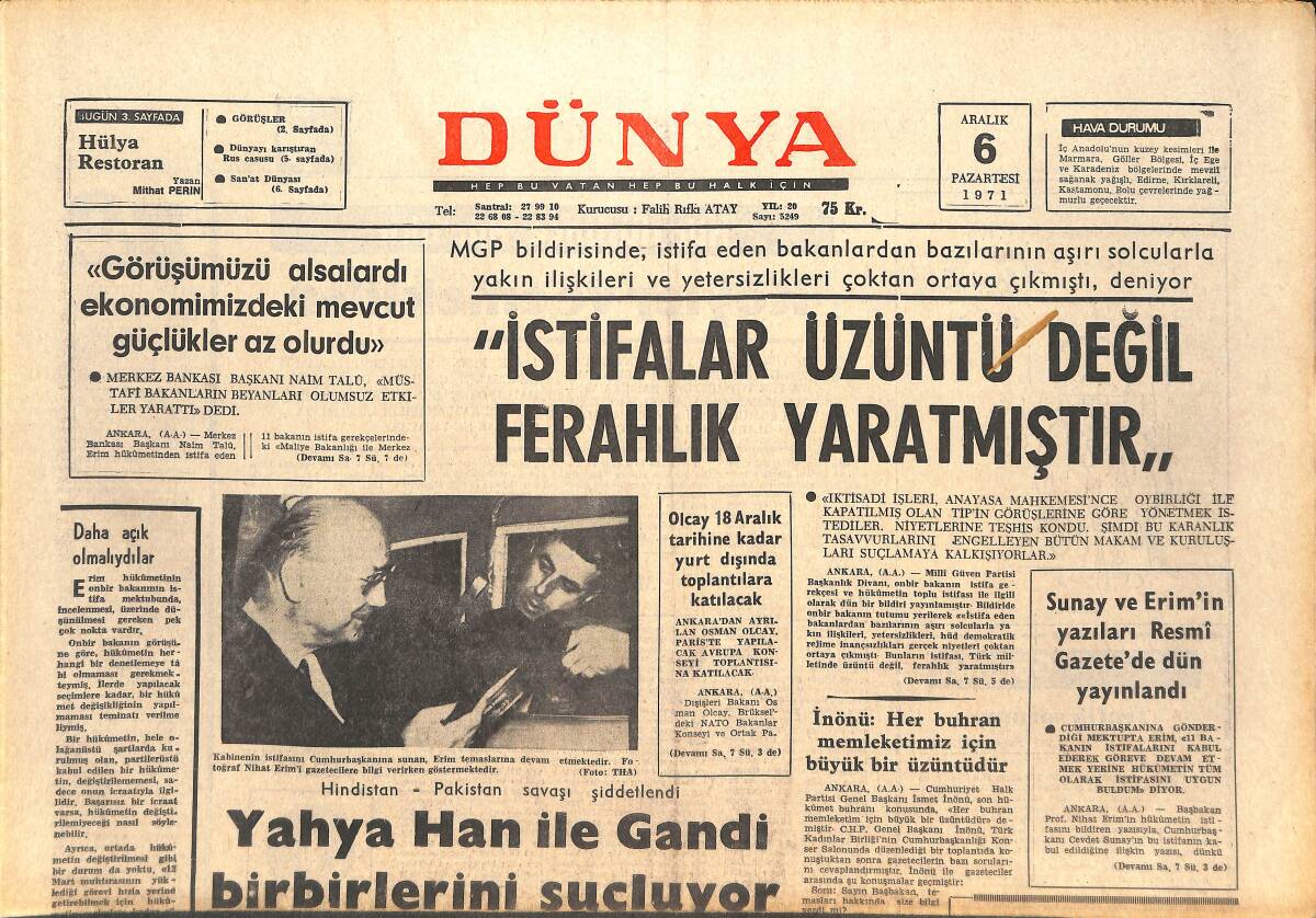 Dünya Gazetesi 6 Aralık 1971 - Yahya Han İle Gandi Birbirlerini Suçluyor - Almanya'ya İşçi Sevkinin Durması Söz Konusu Değil GZ142776 - 1