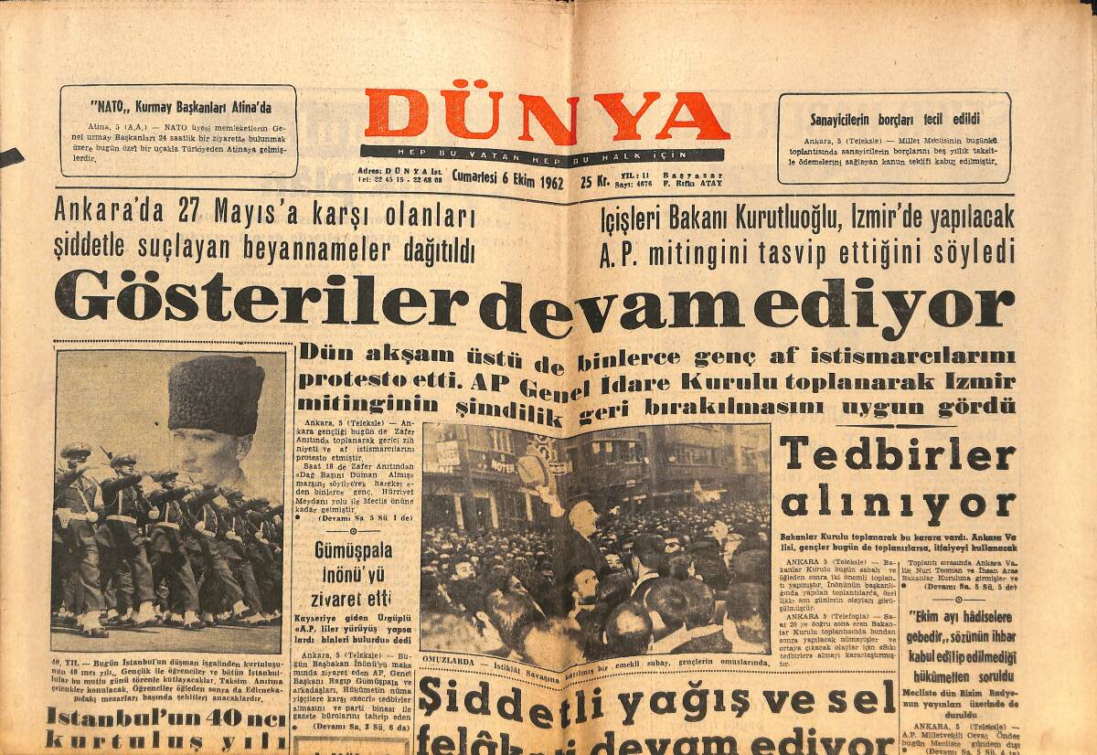 Dünya Gazetesi 6 Ekim 1962 - Fransa'da De Gaulle Meclisi Feshediyor - Gümüşpala İnönü'yü Ziyaret Etti GZ150518 - 1