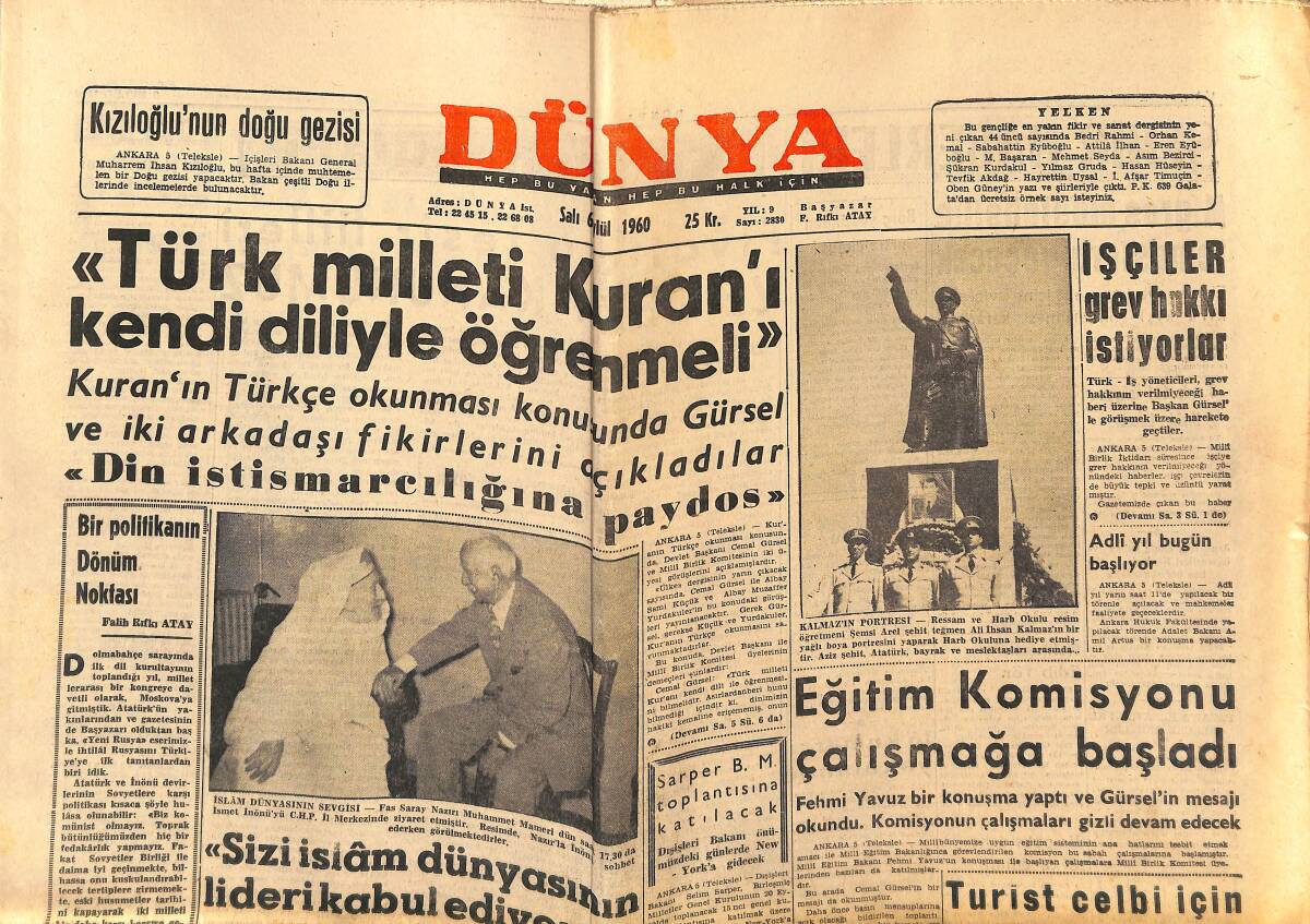 Dünya Gazetesi 6 Eylül 1960 - Fenerbahçe Galatasaray Hususi Maç Yapacak - Cemal Gürsel: Türk Milleti Kuran'ı Kendi Diliyle Öğrenmeli GZ152189 - 1