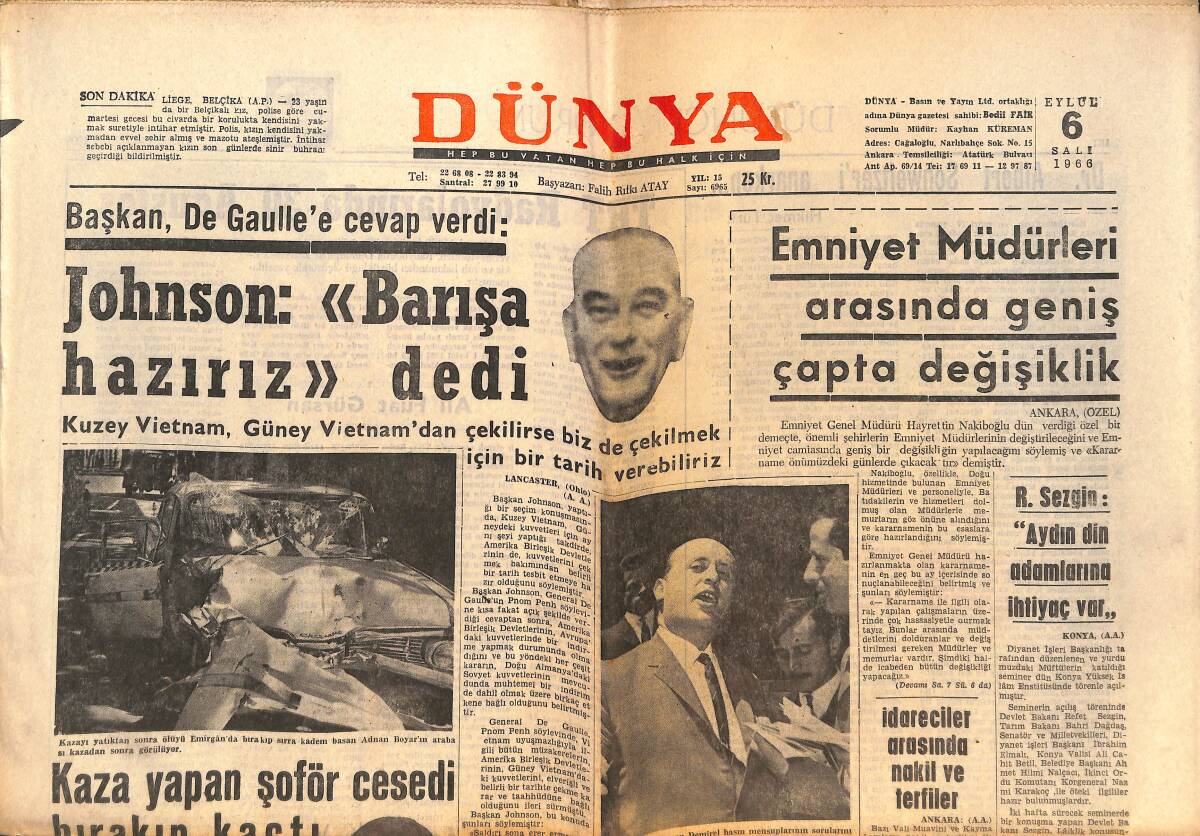 Dünya Gazetesi 6 Eylül 1966 - Galatasaray İddialı - Varto'da Depremler Devam Ediyor GZ150531 - 1