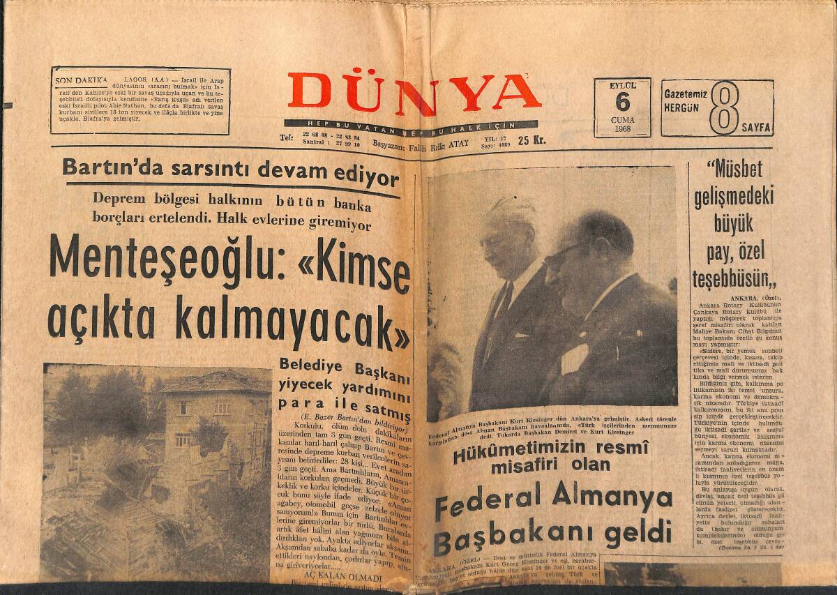 Dünya Gazetesi 6 Eylül 1968 - Zeki Müren Ramazandan Sonra İstanbul'da Çalışacak - Beş Şöhrete Mektup Yağmuru GZ150423 - 1