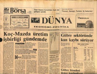 Dünya Gazetesi 6 Eylül 1991 - Koç-Mazda Üretim İşbirliği Gündemde GZ97379 - 1