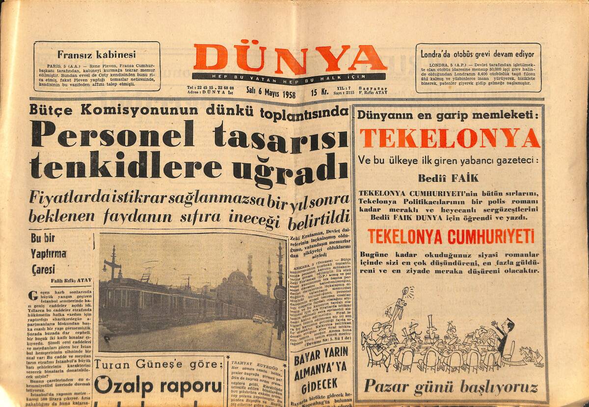 Dünya Gazetesi 6 Mayıs 1958 - Özalp Raporu Hukuka Aykırı - Adnan Menderes Asya İttifakını Tavsiye Etmiş GZ152229 - 1