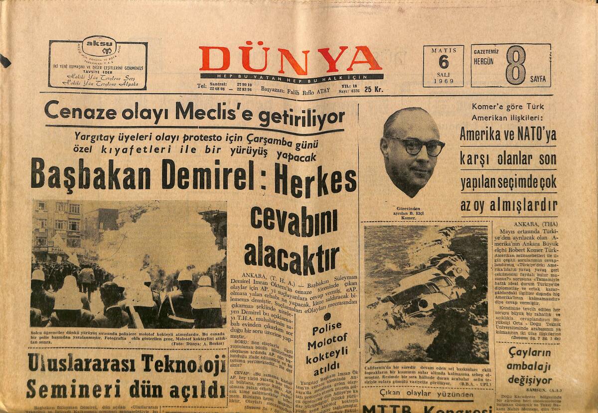 Dünya Gazetesi 6 Mayıs 1969 - İmran Öktem'in Cenazesinde Çıkan Olaylar, Gülsün Erbil, Frank Sinatra GZ148161 - 1