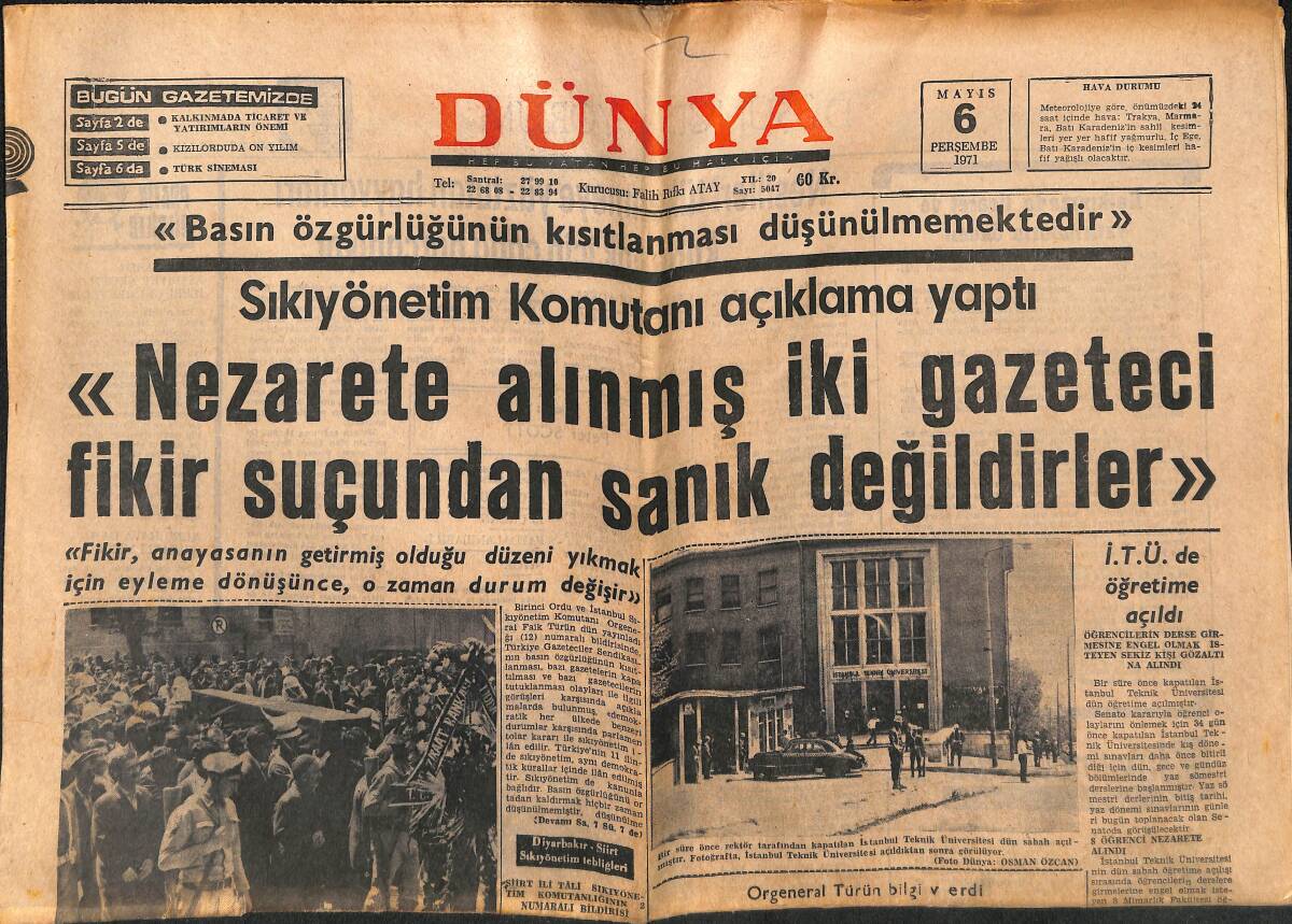 Dünya Gazetesi 6 Mayıs 1971 - Gizlice Evlenen Feri Can Sel - Erksan, Hülya Koçyiğit Ve Taş, Ulvi Doğan'a Ateş Püskürtüyor GZ150842 - 1