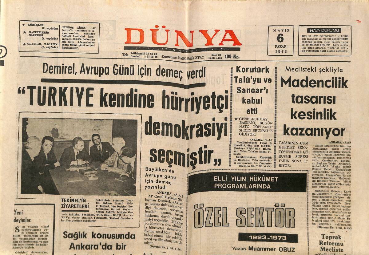 Dünya Gazetesi 6 Mayıs 1973 - Lübnan Uçakları Üslere Saldırdı, Tükel Türegün, Kissinger Moskova'ya, Valcareggi GZ148140 - 1