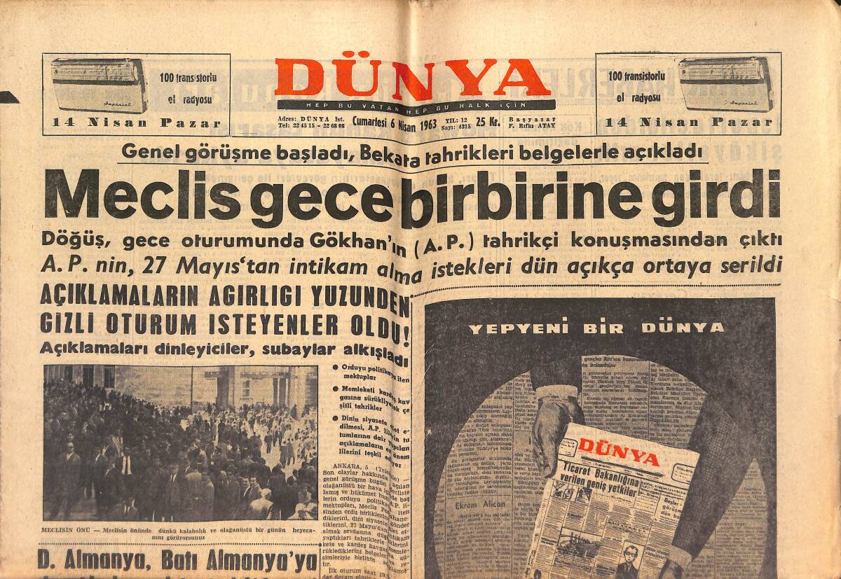 Dünya Gazetesi 6 Nisan 1963 - Bayar'ın İlk Duruşması Dün Yapıldı - Gina'nın Yıldızı Sönmedi GZ152525 - 1