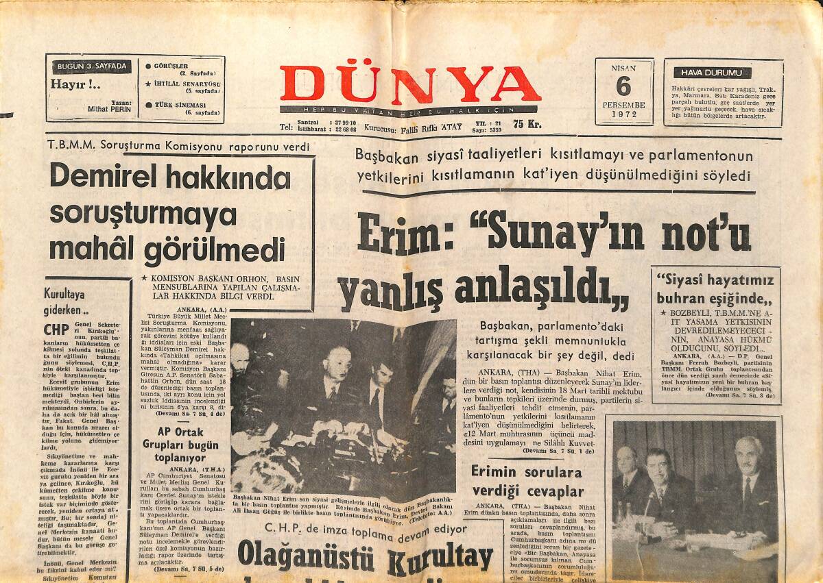 Dünya Gazetesi 6 Nisan 1972 - Hülya Koçyiğit İtalya'da Sözlşeme İmzalıyor - Fatma Girik, Ekrem Bora Ve Sadri Alışık Kol Kola GZ147920 - 1