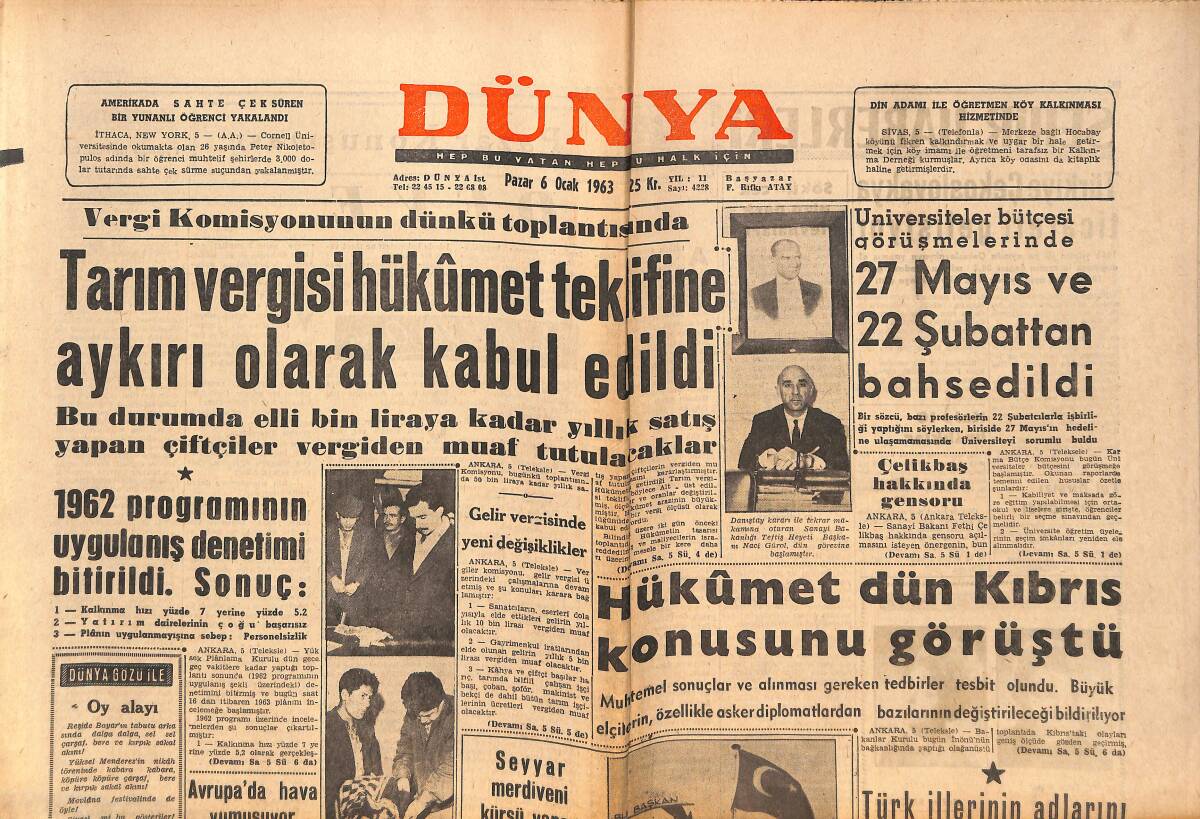 Dünya Gazetesi 6 Ocak 1963 - Tarım Vergisi Hükümet Teklifine Aykırı Olarak Kabul Edildi GZ150515 - 1